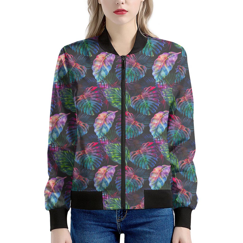 Colorful Tropical Leaves Pattern Print Women's Bomber Jacket