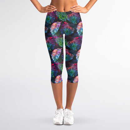 Colorful Tropical Leaves Pattern Print Women's Capri Leggings