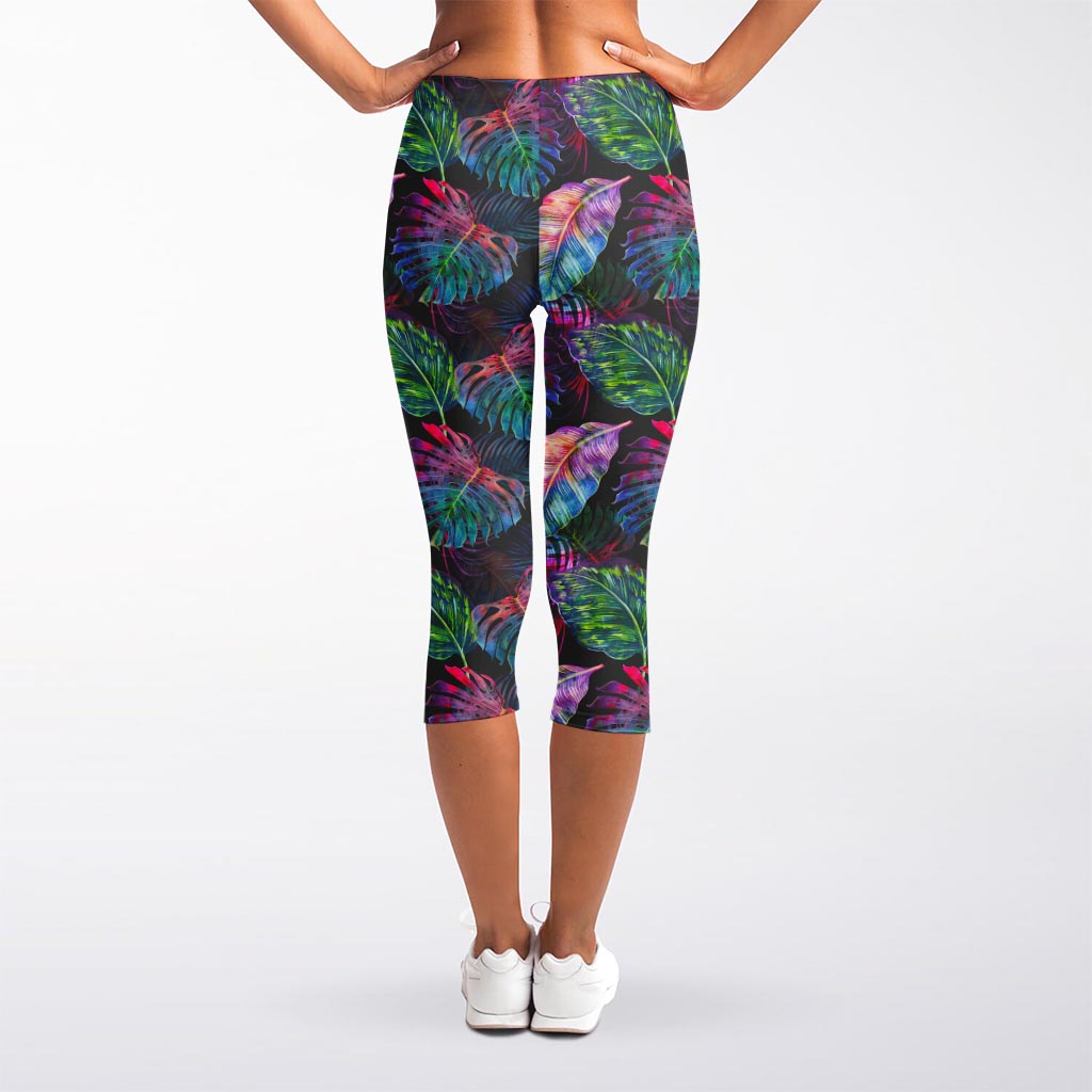 Colorful Tropical Leaves Pattern Print Women's Capri Leggings