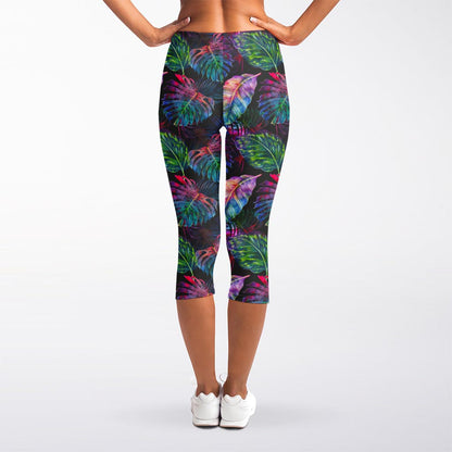 Colorful Tropical Leaves Pattern Print Women's Capri Leggings