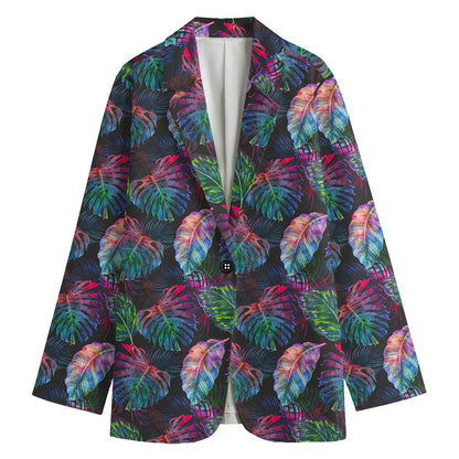 Colorful Tropical Leaves Pattern Print Women's Cotton Blazer