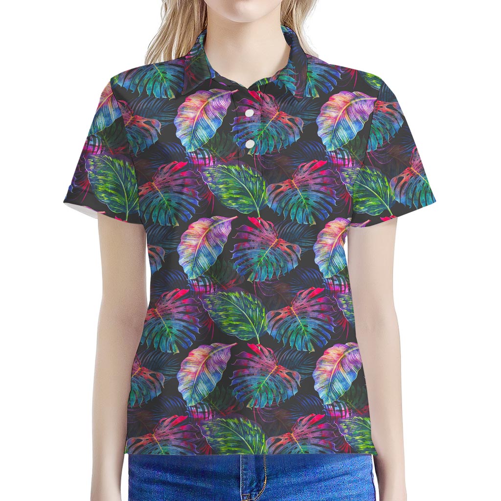 Colorful Tropical Leaves Pattern Print Women's Polo Shirt