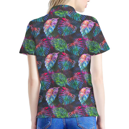 Colorful Tropical Leaves Pattern Print Women's Polo Shirt