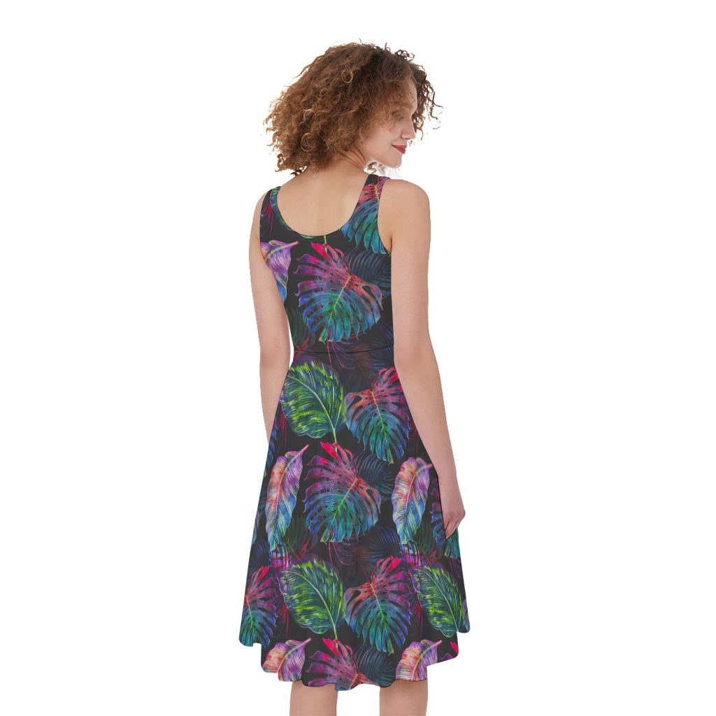 Colorful Tropical Leaves Pattern Print Women's Sleeveless Dress
