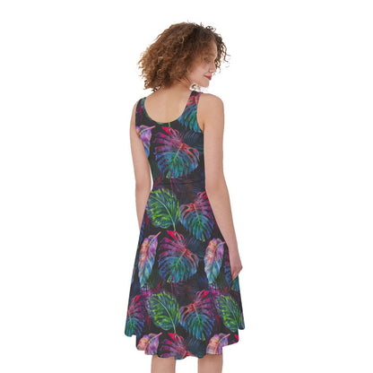 Colorful Tropical Leaves Pattern Print Women's Sleeveless Dress