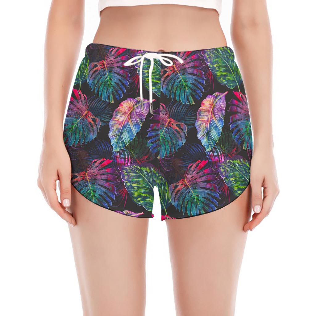 Colorful Tropical Leaves Pattern Print Women's Split Running Shorts