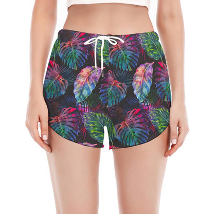 Colorful Tropical Leaves Pattern Print Women's Split Running Shorts