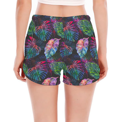 Colorful Tropical Leaves Pattern Print Women's Split Running Shorts