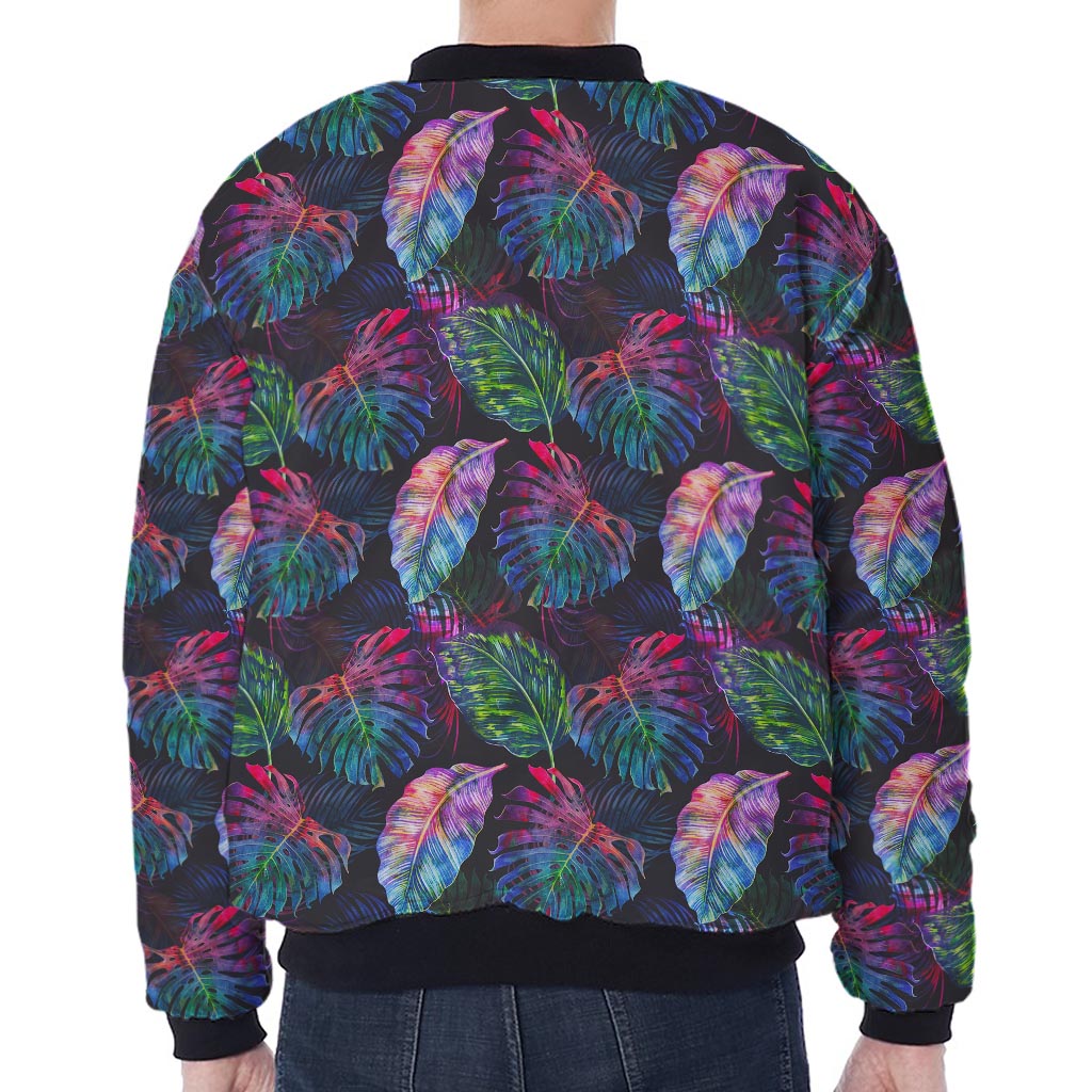 Colorful Tropical Leaves Pattern Print Zip Sleeve Bomber Jacket