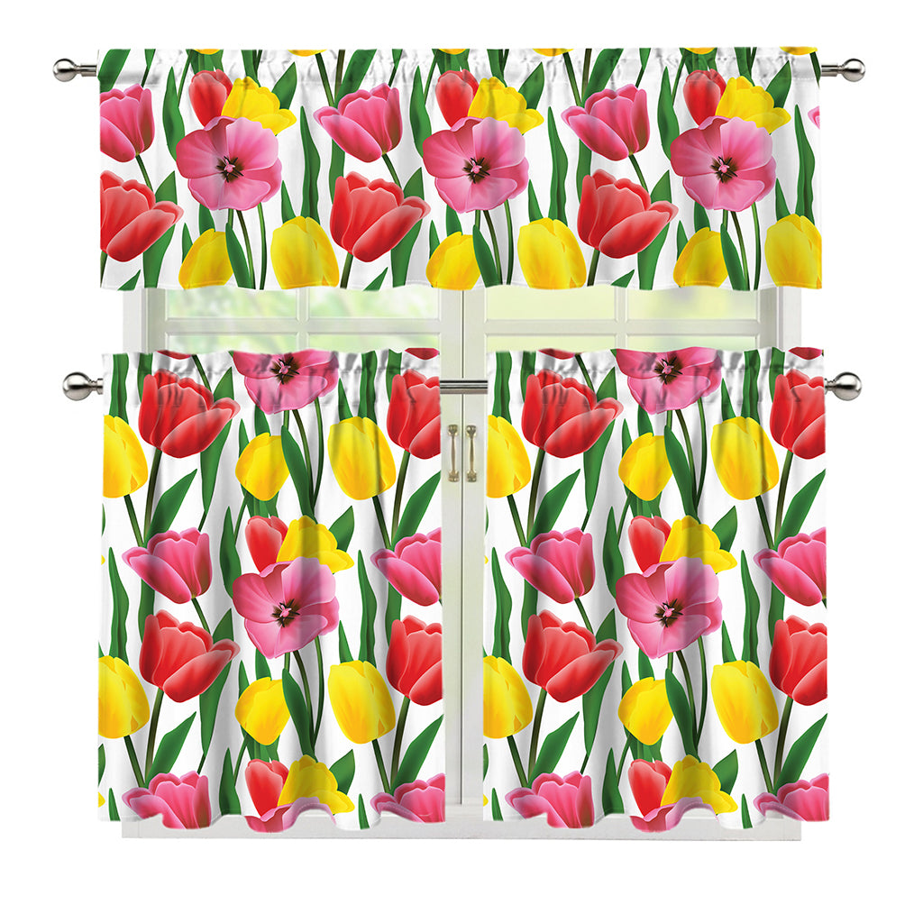 Colorful Tulip Pattern Print 3 Piece Kitchen Curtains