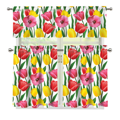Colorful Tulip Pattern Print 3 Piece Kitchen Curtains