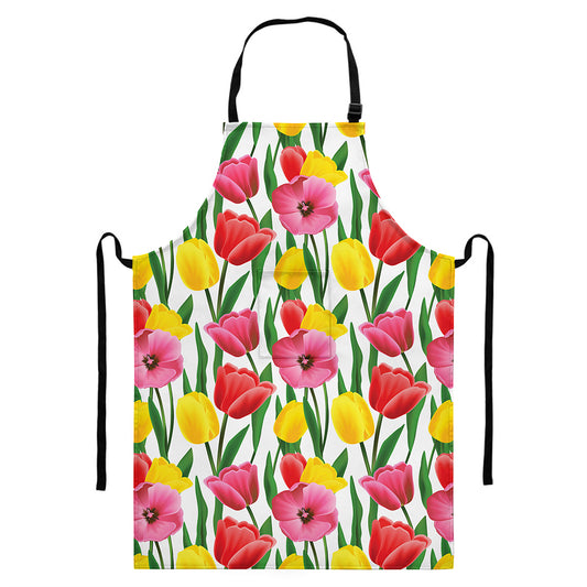 Colorful Tulip Pattern Print Bib Apron With Pocket