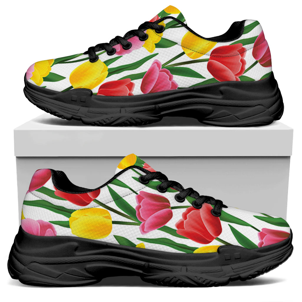 Colorful Tulip Pattern Print Black Chunky Shoes