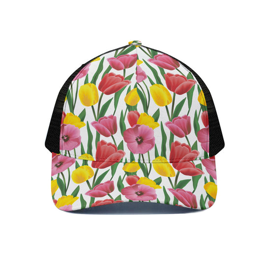 Colorful Tulip Pattern Print Black Mesh Trucker Cap