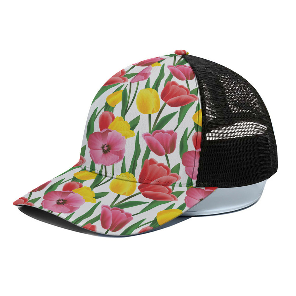 Colorful Tulip Pattern Print Black Mesh Trucker Cap