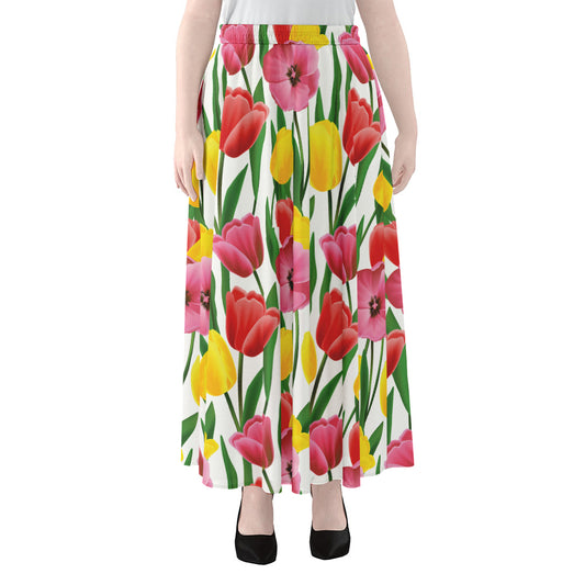 Colorful Tulip Pattern Print Chiffon Maxi Skirt