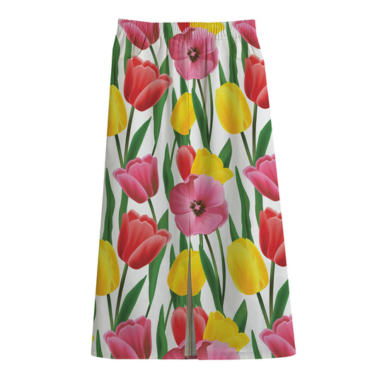 Colorful Tulip Pattern Print Cotton Front Slit Maxi Skirt