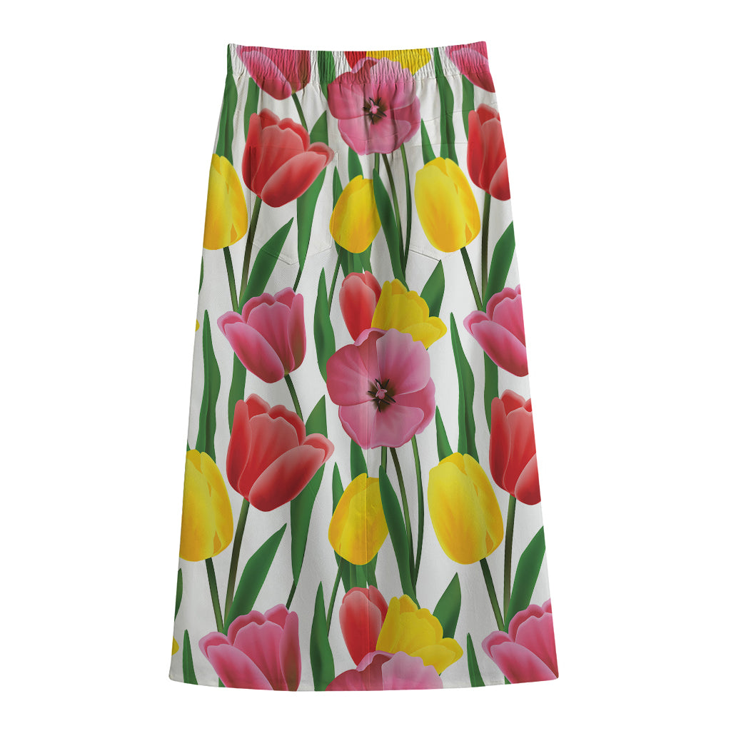 Colorful Tulip Pattern Print Cotton Front Slit Maxi Skirt