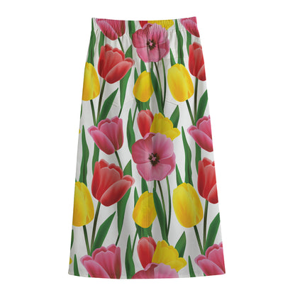 Colorful Tulip Pattern Print Cotton Front Slit Maxi Skirt