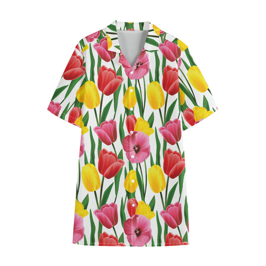 Colorful Tulip Pattern Print Cotton Hawaiian Shirt