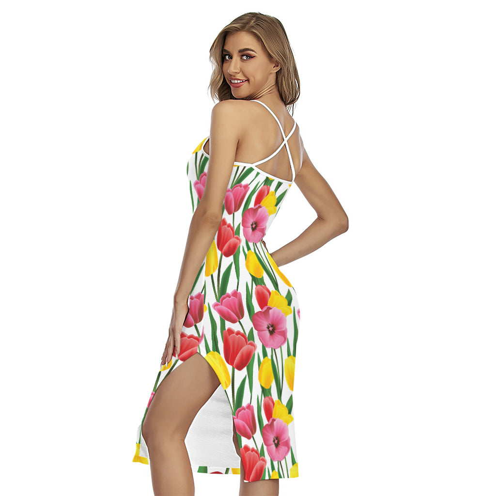 Colorful Tulip Pattern Print Cross Back Cami Dress