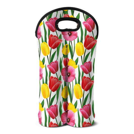 Colorful Tulip Pattern Print Double Neoprene Wine Tote