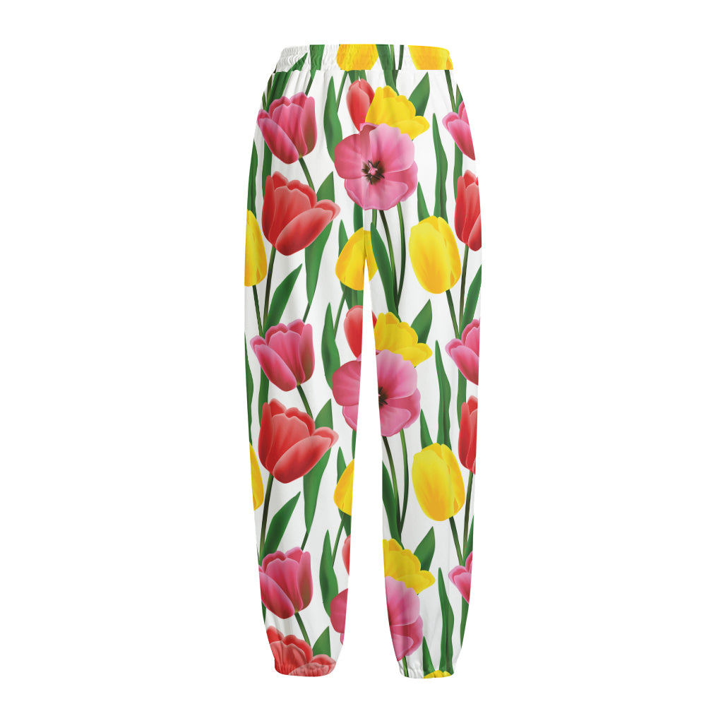 Colorful Tulip Pattern Print Fleece Lined Knit Pants