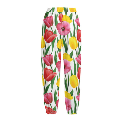 Colorful Tulip Pattern Print Fleece Lined Knit Pants