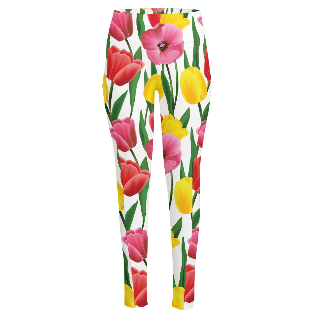 Colorful Tulip Pattern Print High-Waisted Pocket Leggings