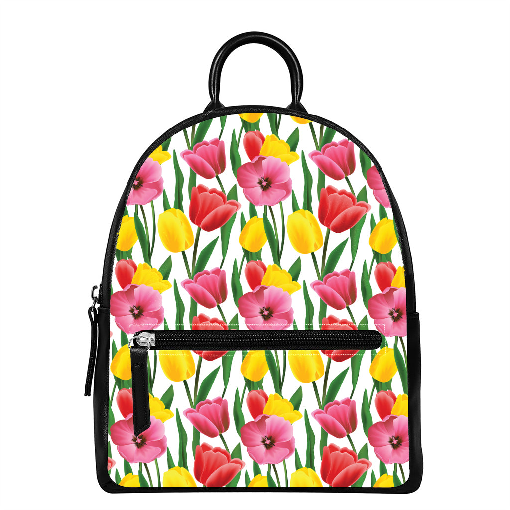 Colorful Tulip Pattern Print Leather Backpack