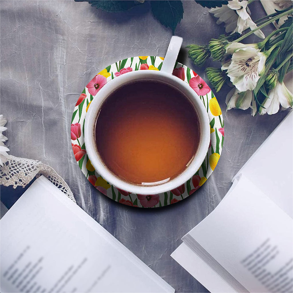Colorful Tulip Pattern Print Leather Coaster Set