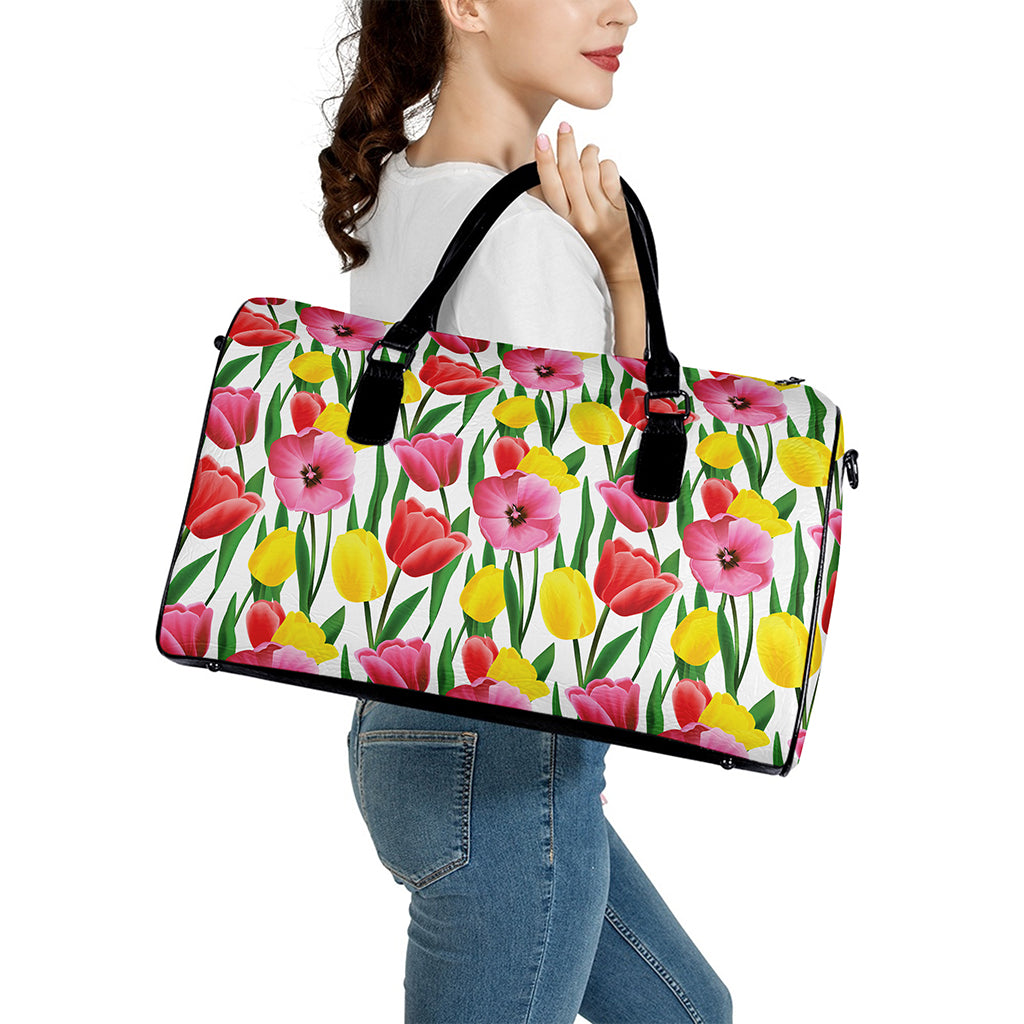 Colorful Tulip Pattern Print Leather Duffle Bag