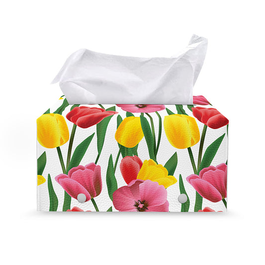 Colorful Tulip Pattern Print Leather Tissue Box Cover
