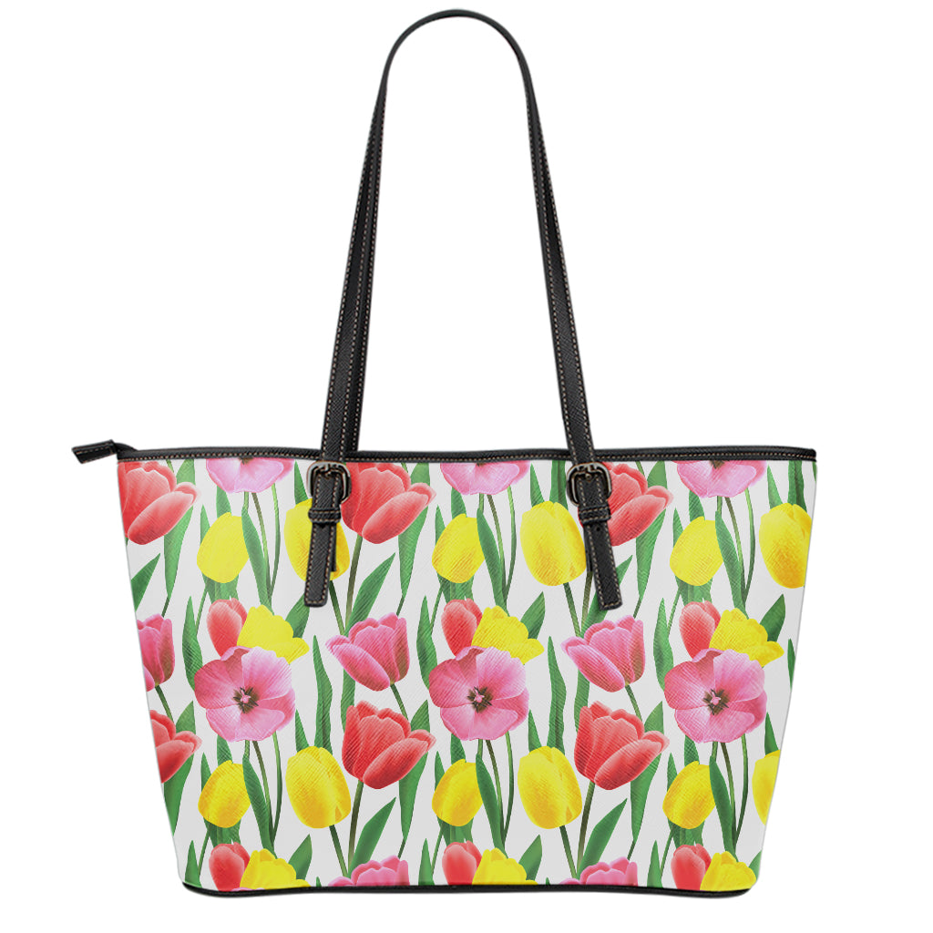 Colorful Tulip Pattern Print Leather Tote Bag