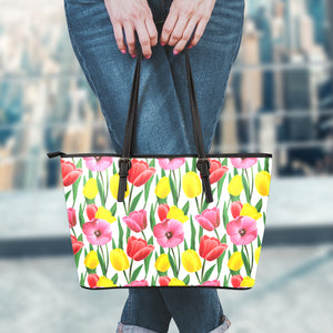 Colorful Tulip Pattern Print Leather Tote Bag