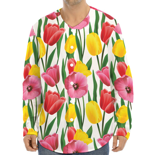 Colorful Tulip Pattern Print Long Sleeve Baseball Jersey