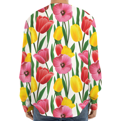 Colorful Tulip Pattern Print Long Sleeve Baseball Jersey