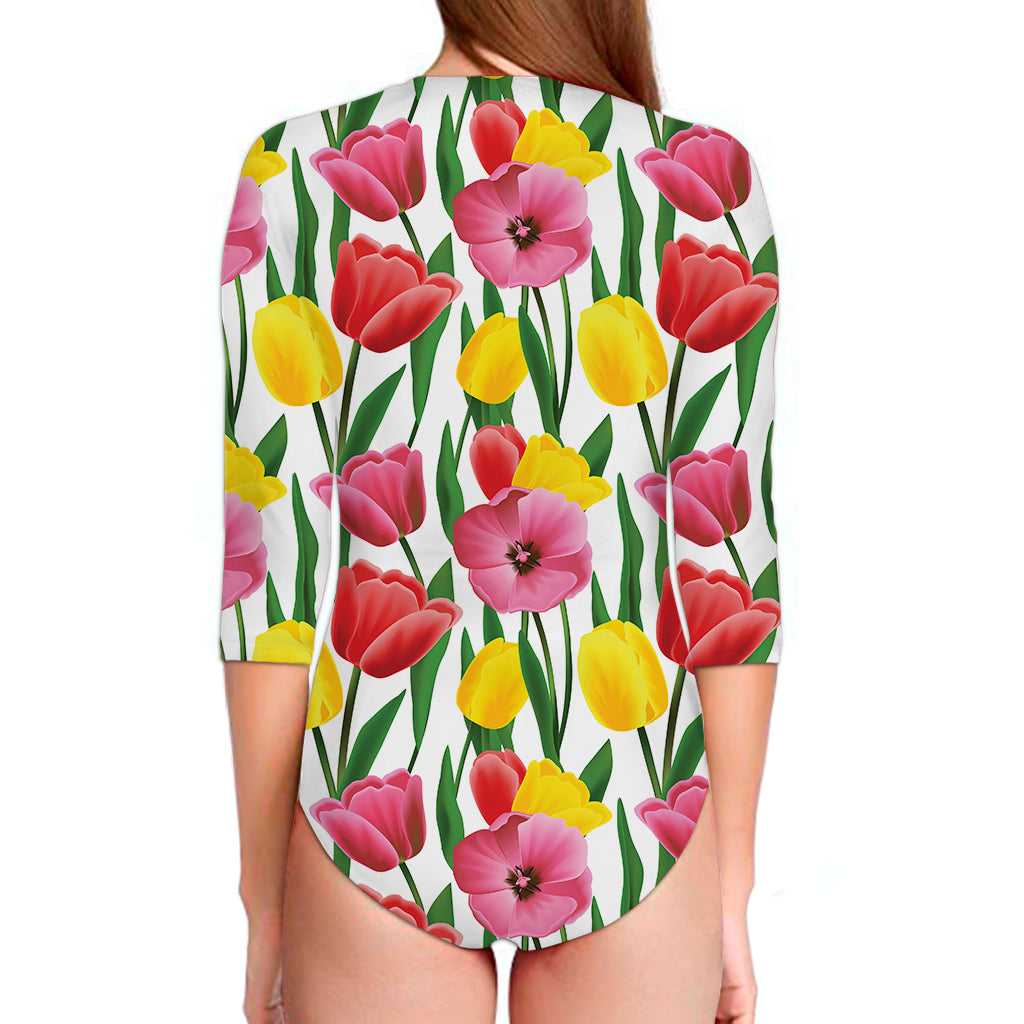 Colorful Tulip Pattern Print Long Sleeve Swimsuit