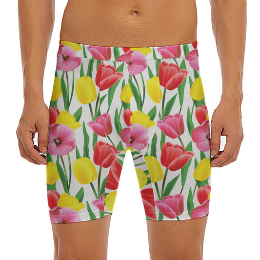 Colorful Tulip Pattern Print Men's Long Boxer Briefs
