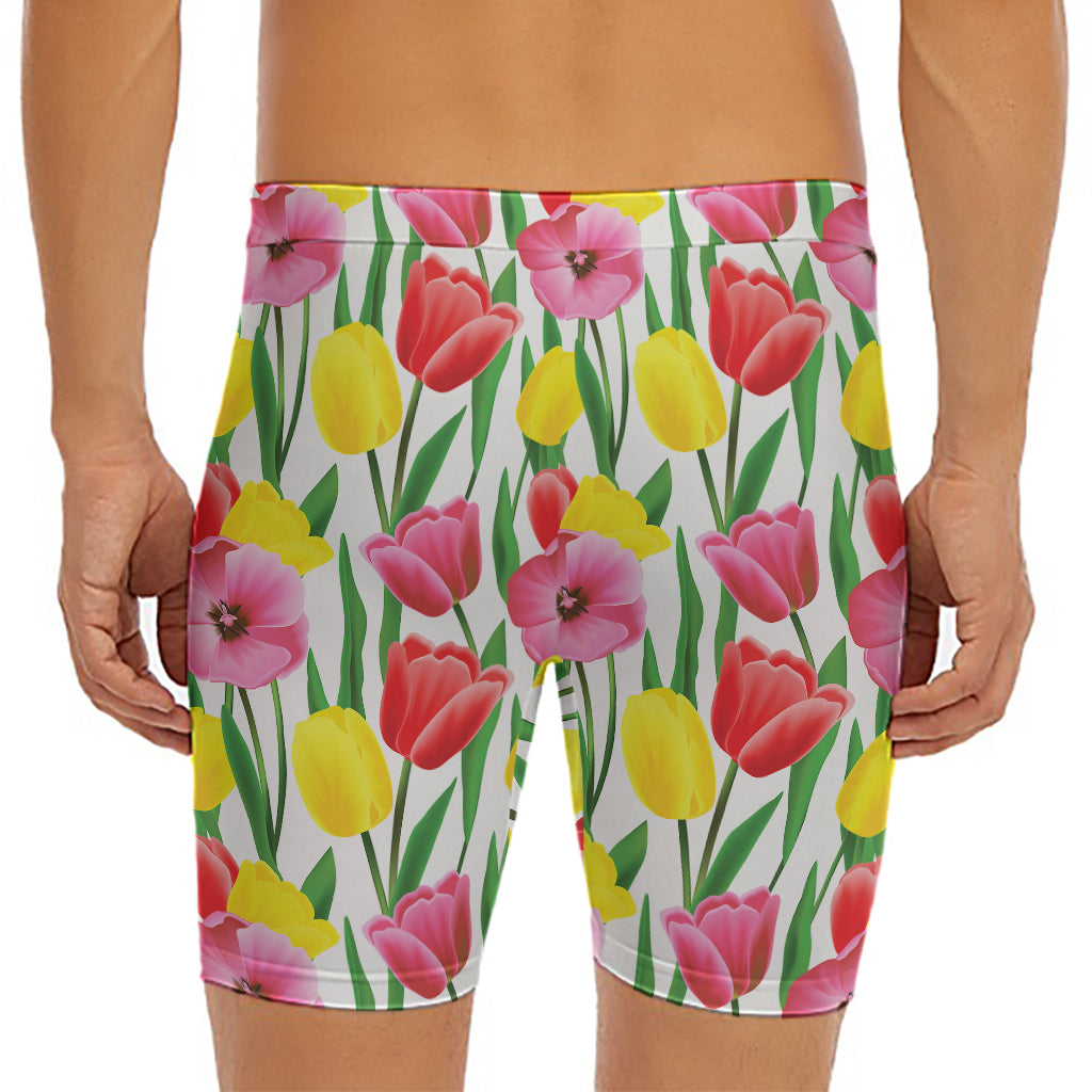 Colorful Tulip Pattern Print Men's Long Boxer Briefs