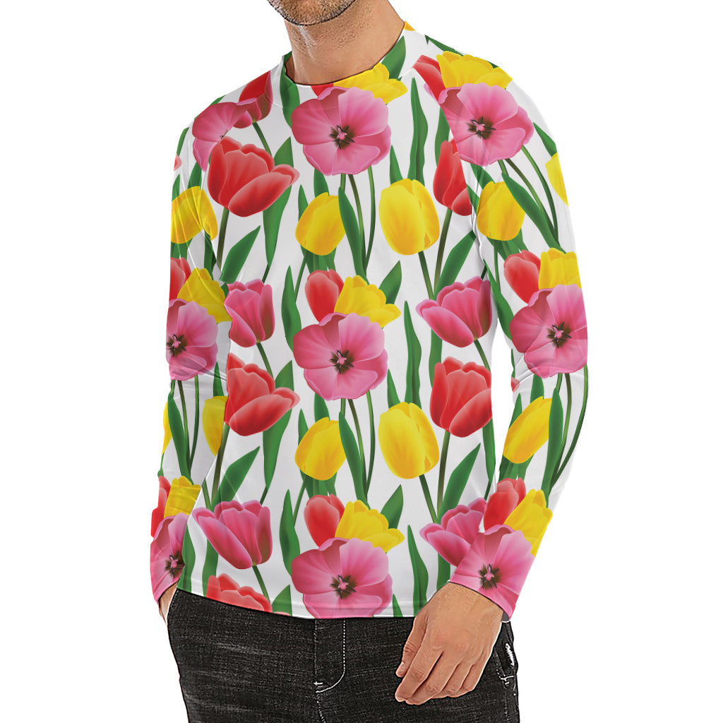 Colorful Tulip Pattern Print Men's Long Sleeve Rash Guard
