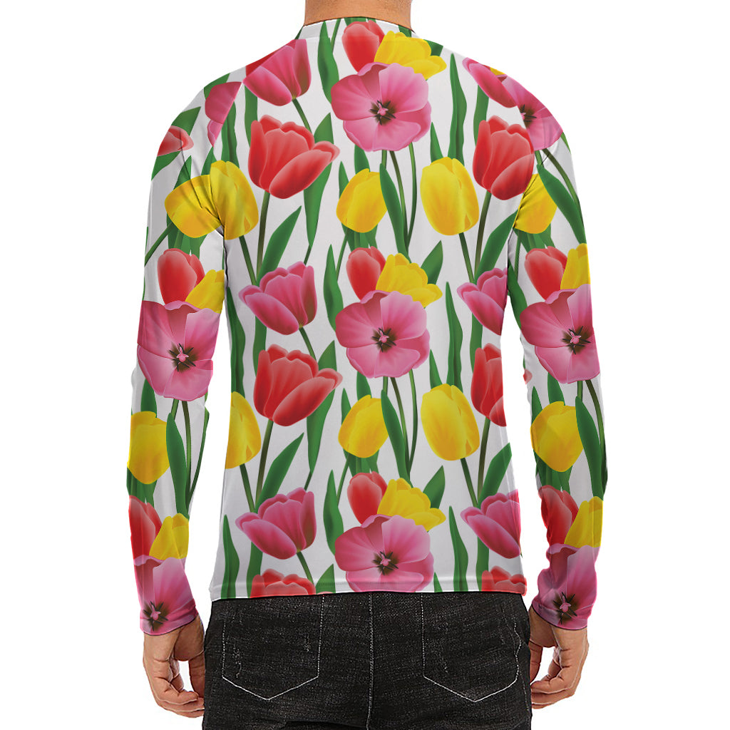 Colorful Tulip Pattern Print Men's Long Sleeve Rash Guard