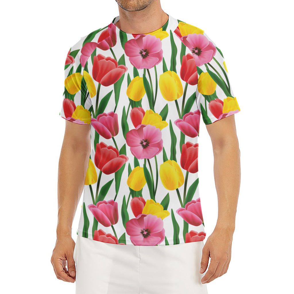 Colorful Tulip Pattern Print Men's Short Sleeve Rash Guard