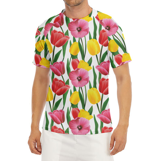 Colorful Tulip Pattern Print Men's Short Sleeve Rash Guard