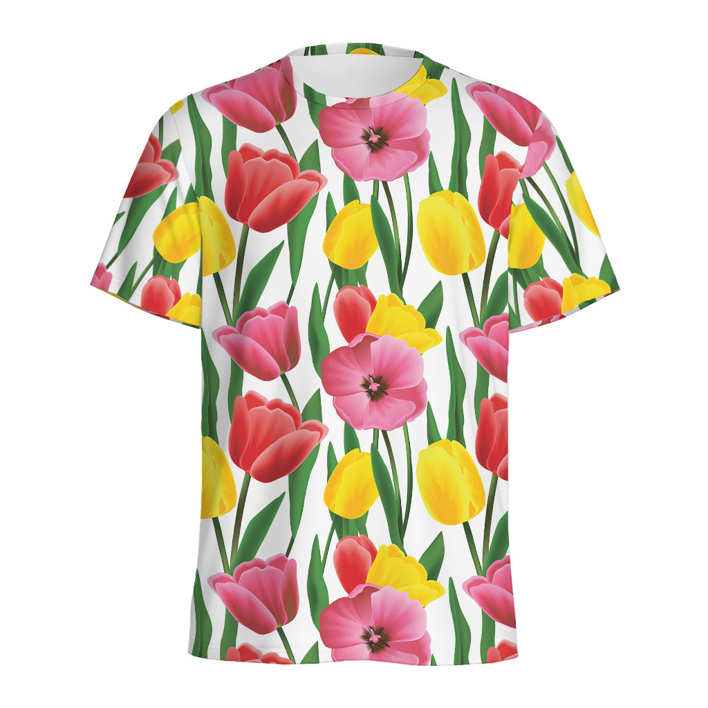 Colorful Tulip Pattern Print Men's Sports T-Shirt