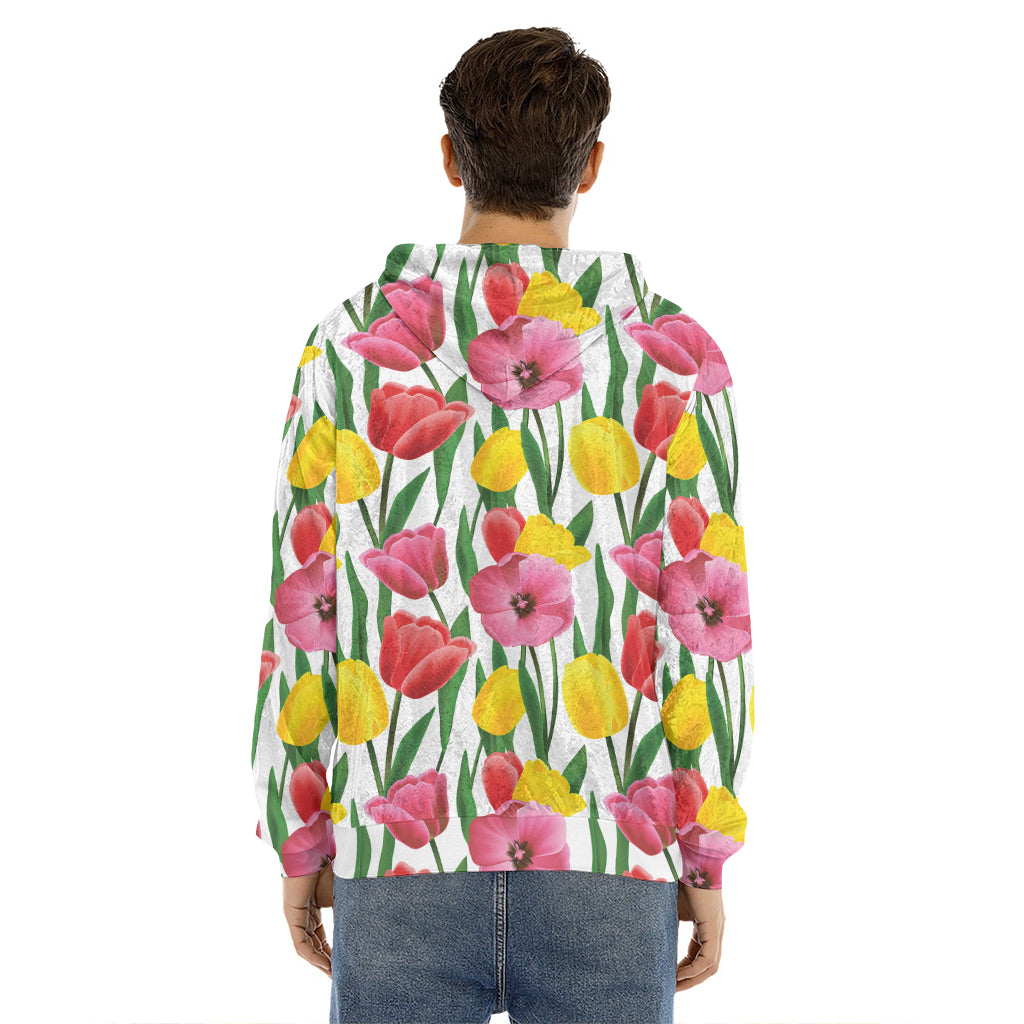Colorful Tulip Pattern Print Men's Velvet Pullover Hoodie