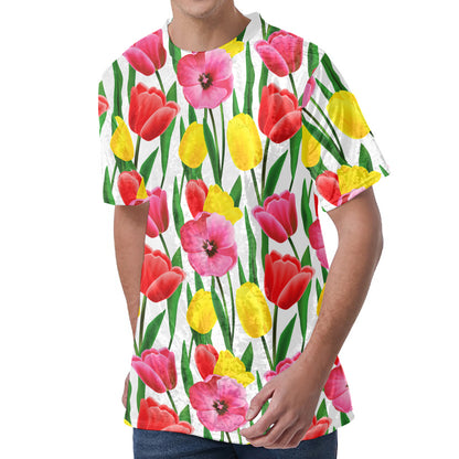 Colorful Tulip Pattern Print Men's Velvet T-Shirt