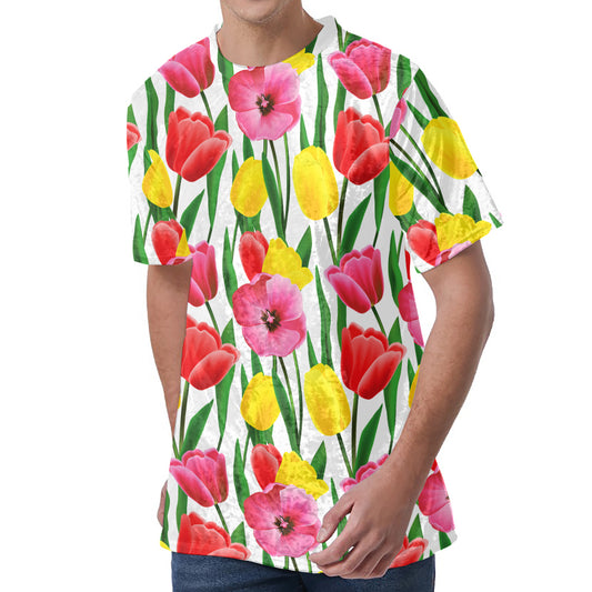 Colorful Tulip Pattern Print Men's Velvet T-Shirt
