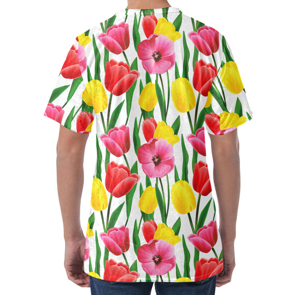 Colorful Tulip Pattern Print Men's Velvet T-Shirt