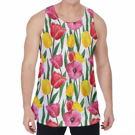 Colorful Tulip Pattern Print Men's Velvet Tank Top